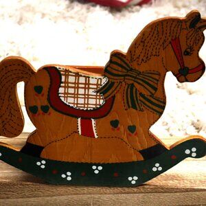 Vintage Rocking Horse Holiday Decor Square Box Christmas Planter Pens Utensils